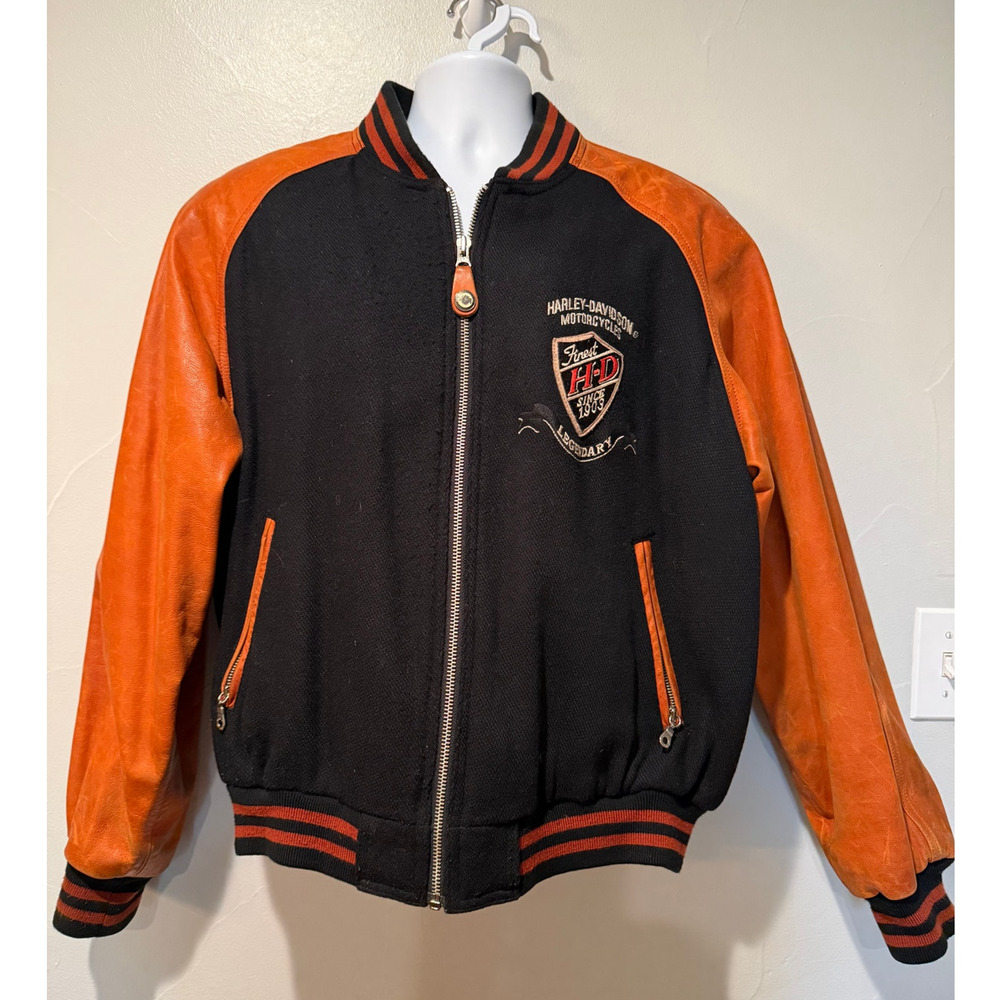 Harley-Davidson Mens Wool Leather Varsity Jacket Size Large Black Orange Western